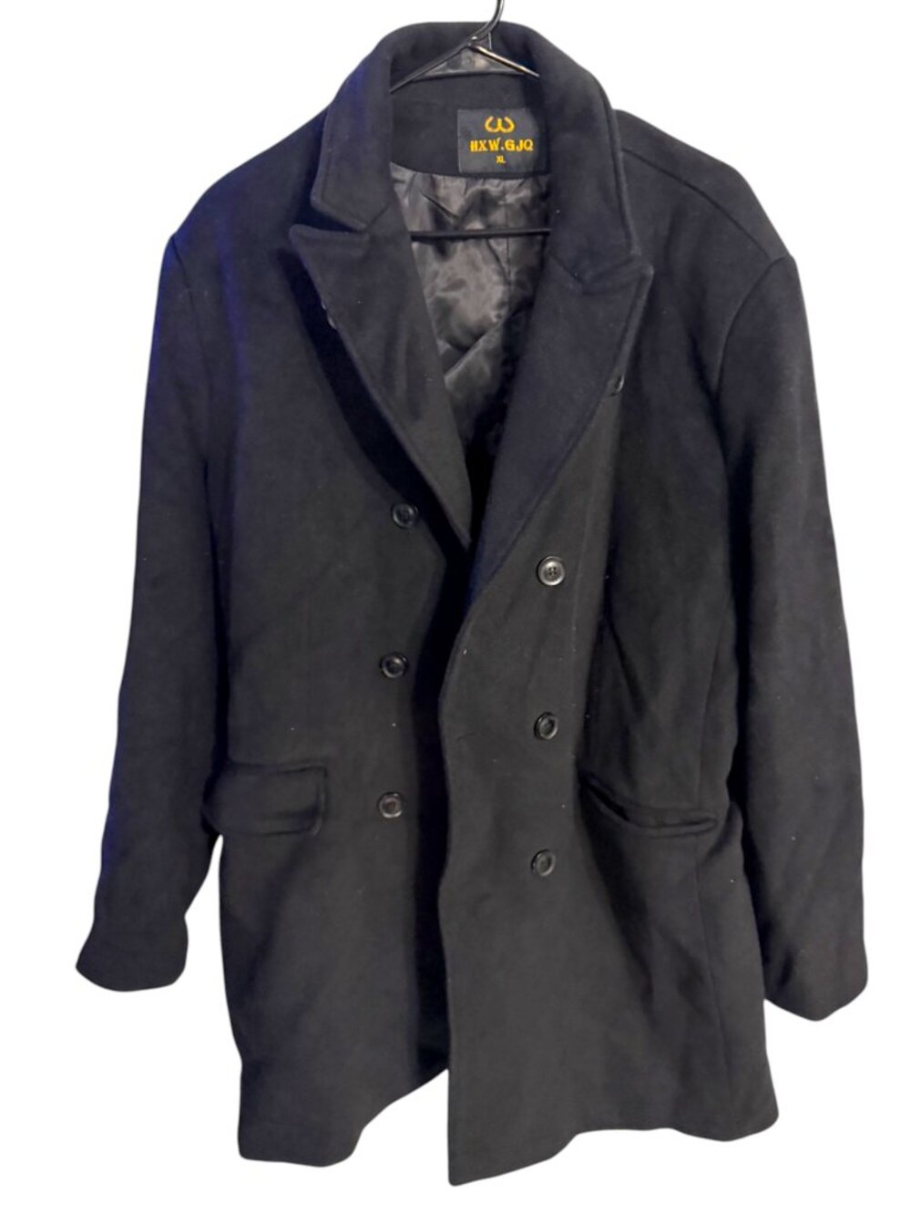 Men’s HXW.GJQ black double-breasted overcoat in size XL. A classic, versatile ou